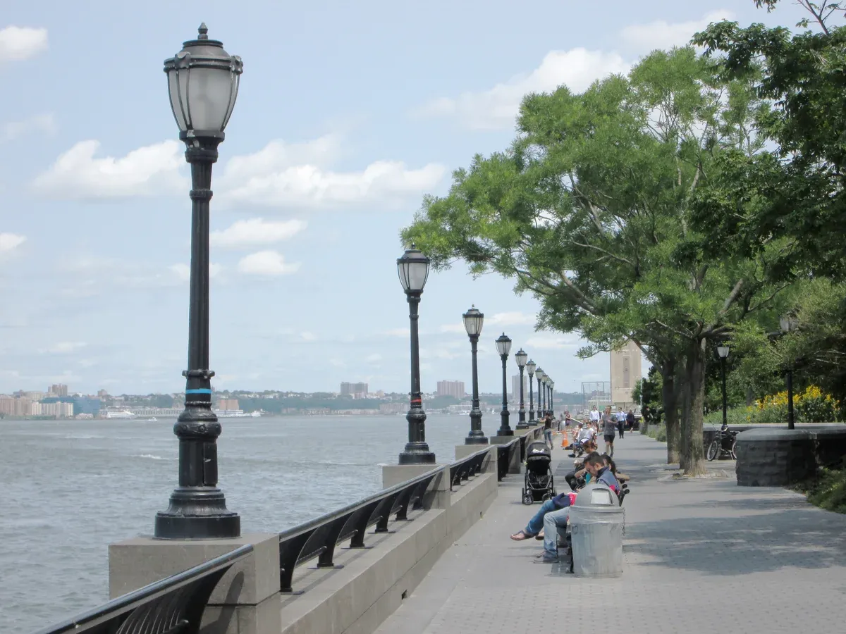 Battery Park City Esplanade on the Hudson waterfront, seen on an architecture boat tour in New York