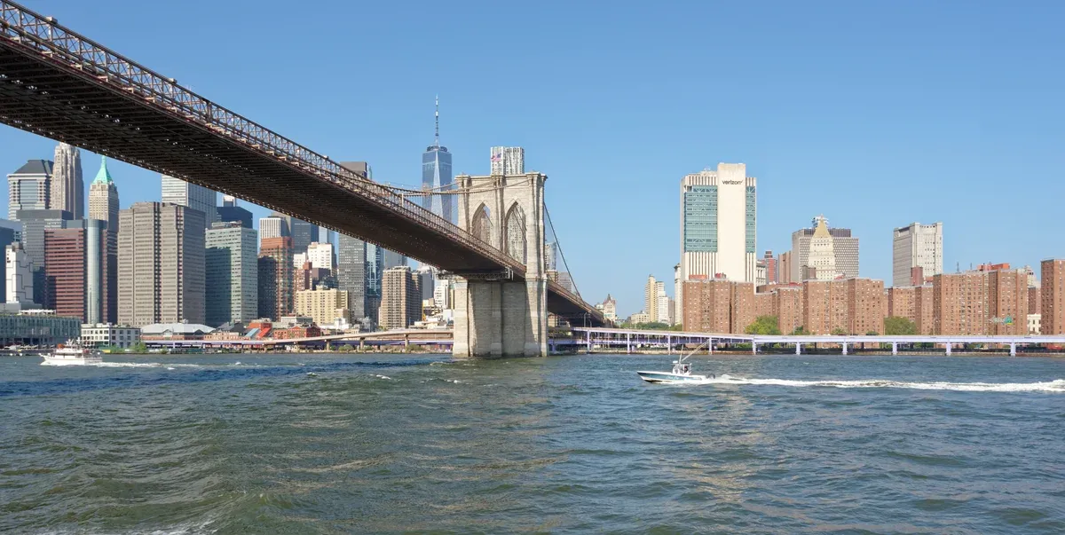 Brooklyn Bridge from a boat on the East River during a New York architecture boat tour