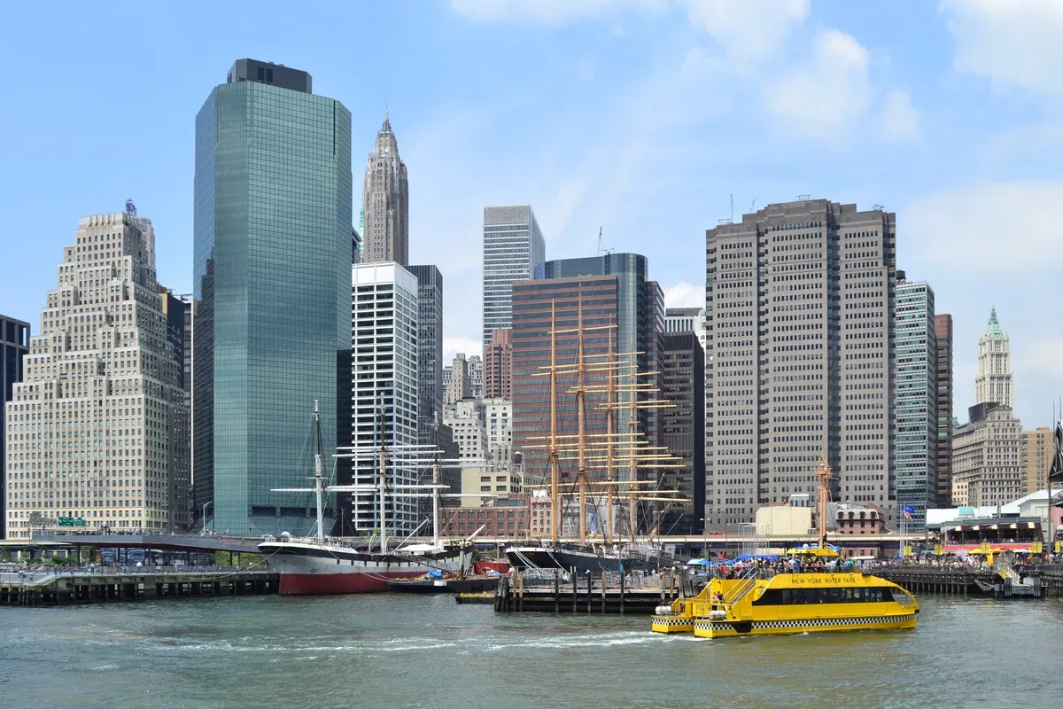 South Street Seaport and Lower Manhattan seen from the East River on a New York architecture boat tour